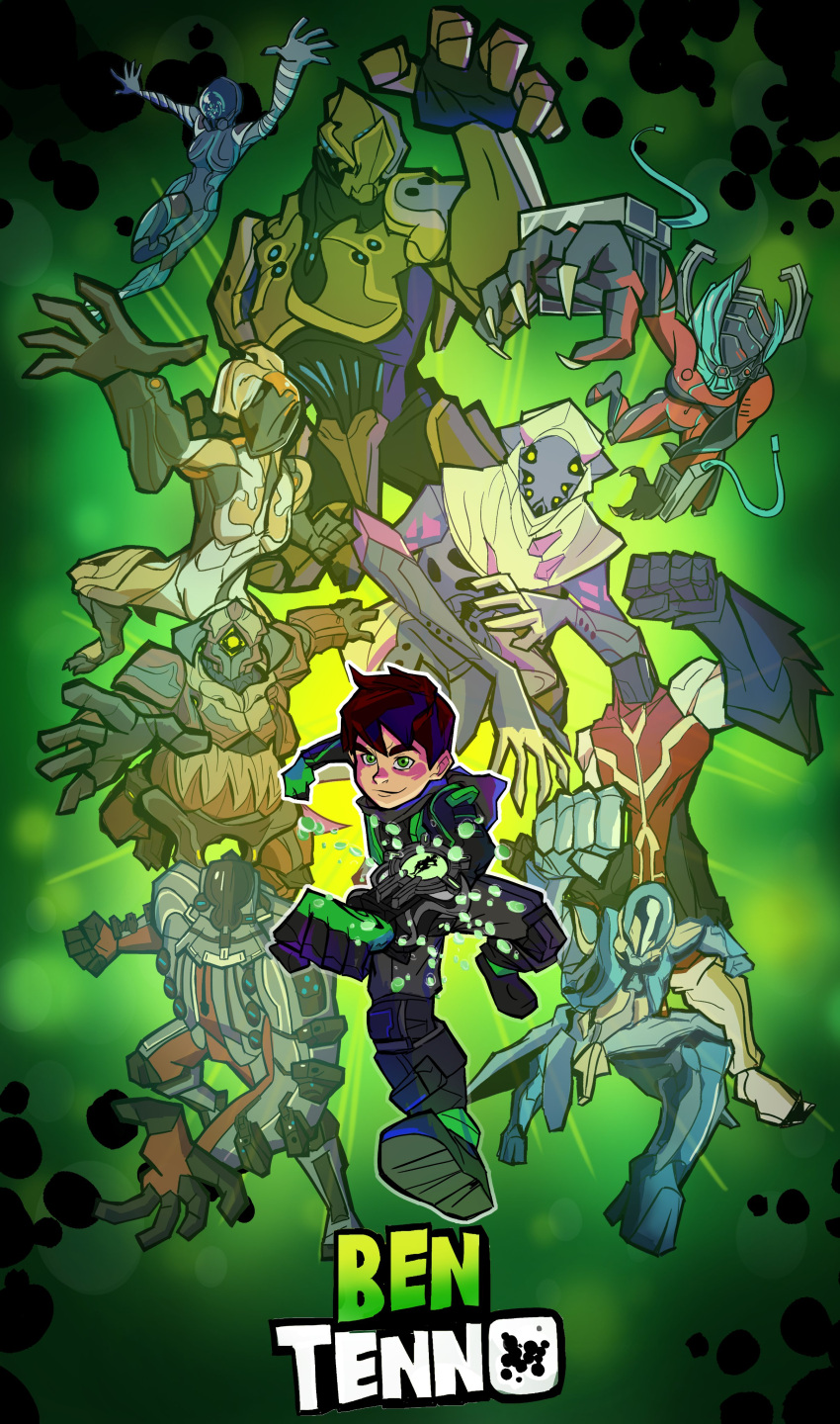 1boy 6+boys absurdres alien ben_10 ben_tennyson black_footwear brown_hair bumblesteak claws clenched_hand crystal english_commentary english_text gauntlets green_background green_eyes highres kirby_krackle male_focus multiple_boys nose omnitrix running shoes short_hair simple_background smile tentacles warframe