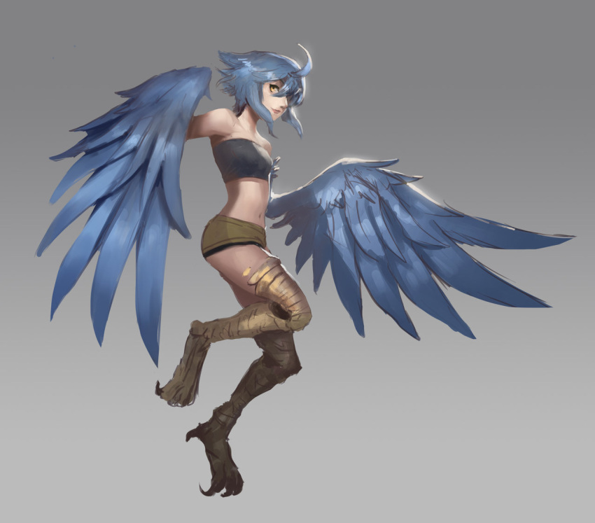 1girl ahoge bandeau blue_hair blue_wings feathered_wings full_body grey_background harpy josh_corpuz monster_girl monster_musume_no_iru_nichijou navel papi_(monster_musume) scales short_shorts shorts small_breasts smile solo talons wings yellow_eyes