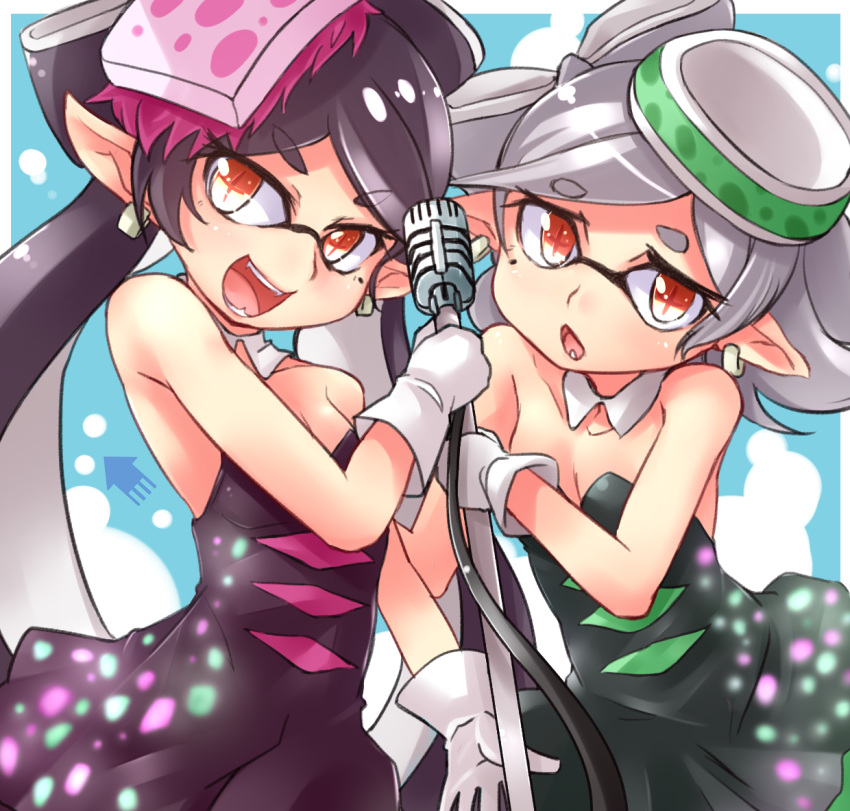 +_+ 2girls aori_(splatoon) black_dress black_hair brown_eyes commentary cowboy_shot detached_collar dress earrings fangs food food_on_head gloves holding hotaru_(splatoon) jewelry kitayama_miuki long_hair looking_at_viewer mask microphone microphone_stand mole mole_under_eye multiple_girls object_on_head open_mouth pointy_ears short_hair smile splatoon squid standing strapless_dress sushi tentacle_hair white_gloves white_hair
