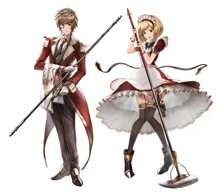 1boy 1girl absurdres apron armlet black_boots black_legwear black_necktie black_pants black_shoes blonde_hair boots bracelet brown_eyes brown_hair coat collared_shirt dress frills full_body garter_straps gita_(granblue_fantasy) gloves gran_(granblue_fantasy) granblue_fantasy gun heart highres holding holding_gun holding_weapon jewelry knees_together_feet_apart long_sleeves maid_headdress monocle necktie official_style pants puffy_short_sleeves puffy_sleeves red_dress red_eyes shirt shoes shogo_(shogo) short_hair short_sleeves simple_background staff striped striped_pants thigh-highs thigh_gap towel vest weapon white_background white_gloves white_shirt zettai_ryouiki