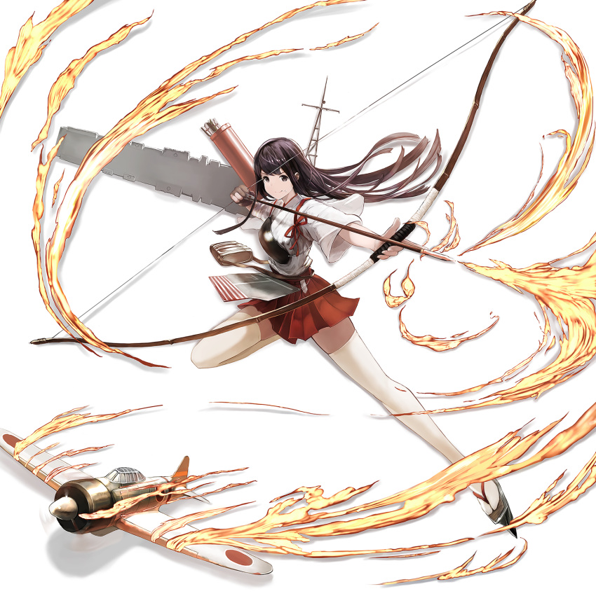&gt;:) 1girl airplane akagi_(kantai_collection) arrow bangs black_eyes black_hair bow_(weapon) brown_gloves fingerless_gloves fire flight_deck food food_on_face full_body gloves granblue_fantasy highres holding holding_weapon japanese_clothes kantai_collection long_hair miniskirt muneate official_style parody pleated_skirt pose quiver red_skirt rice shogo_(shogo) silhouette simple_background single_gloves skirt smile solo style_parody thigh-highs weapon white_background white_legwear zettai_ryouiki