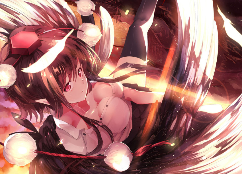 1girl bird_wings black_legwear black_wings breasts brown_hair downblouse feathers flying from_above hat hat_ribbon highres large_breasts looking_at_viewer mountain omo_(utakatadice) open_clothes open_shirt pink_eyes pointy_ears pom_pom_(clothes) ribbon shameimaru_aya shirt skirt solo sunset thigh-highs tokin_hat touhou upside-down wings zettai_ryouiki