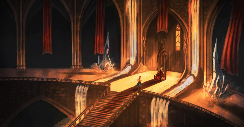 2girls alice_margatroid aqueduct architecture arms_at_sides backlighting blonde_hair blue_dress boots capelet crystal curtains dress faceless highres indoors long_hair long_sleeves looking_at_another multiple_girls red_dress scenery shadow shinki short_hair side_ponytail sitting smile stairs standing sunset throne throne_room touhou water wide_sleeves window zarisu
