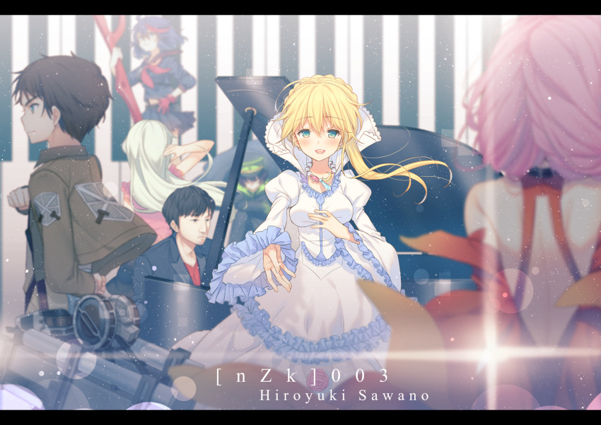 3boys 4girls aldnoah.zero asseylum_vers_allusia bangs black_hair blonde_hair blue_eyes blurry brown_hair crossover depth_of_field dress elizabeth_liones eren_yeager green_eyes guilty_crown highres hyakuya_yuuichirou instrument kill_la_kill long_hair matoi_ryuuko multiple_boys multiple_girls nanatsu_no_taizai outstretched_hand owari_no_seraph piano pink_hair salute scissor_blade shingeki_no_kyojin short_hair skirt smile three-dimensional_maneuver_gear white_hair yamucha yuzuriha_inori