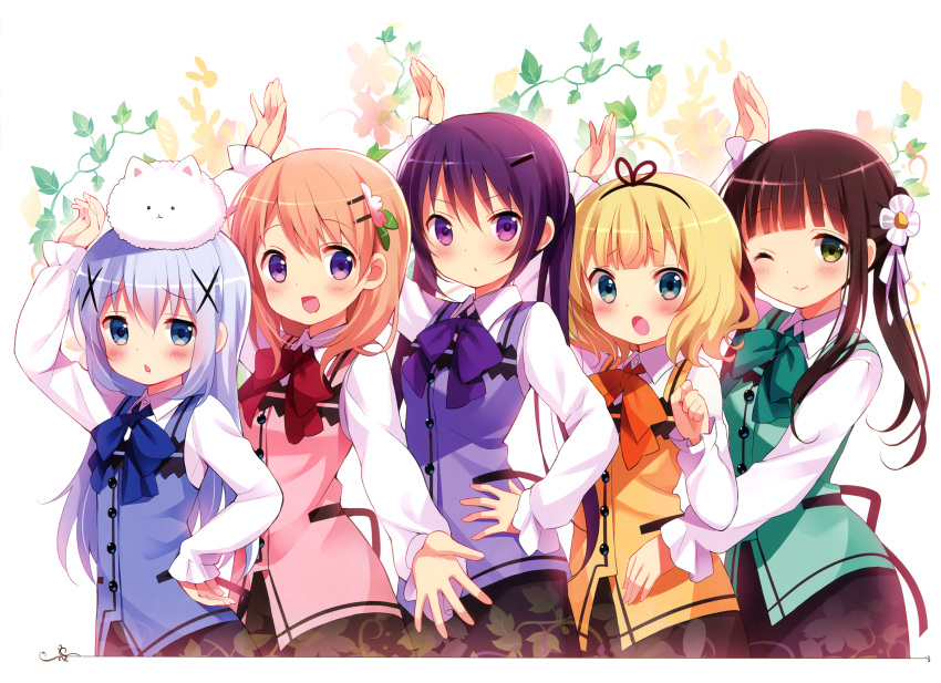 5girls :d :o ;) absurdres arm_up blonde_hair blue_eyes blue_hair blush bowtie brown_hair flower gochuumon_wa_usagi_desu_ka? green_eyes hair_flower hair_ornament hairband hairclip hand_on_hip highres hoto_cocoa kafuu_chino kirima_sharo koi_(koisan) long_hair multiple_girls one_eye_closed open_mouth orange_hair purple_hair rabbit short_hair side_ponytail smile tedeza_rize tippy_(gochuumon_wa_usagi_desuka?) twintails ujimatsu_chiya uniform violet_eyes