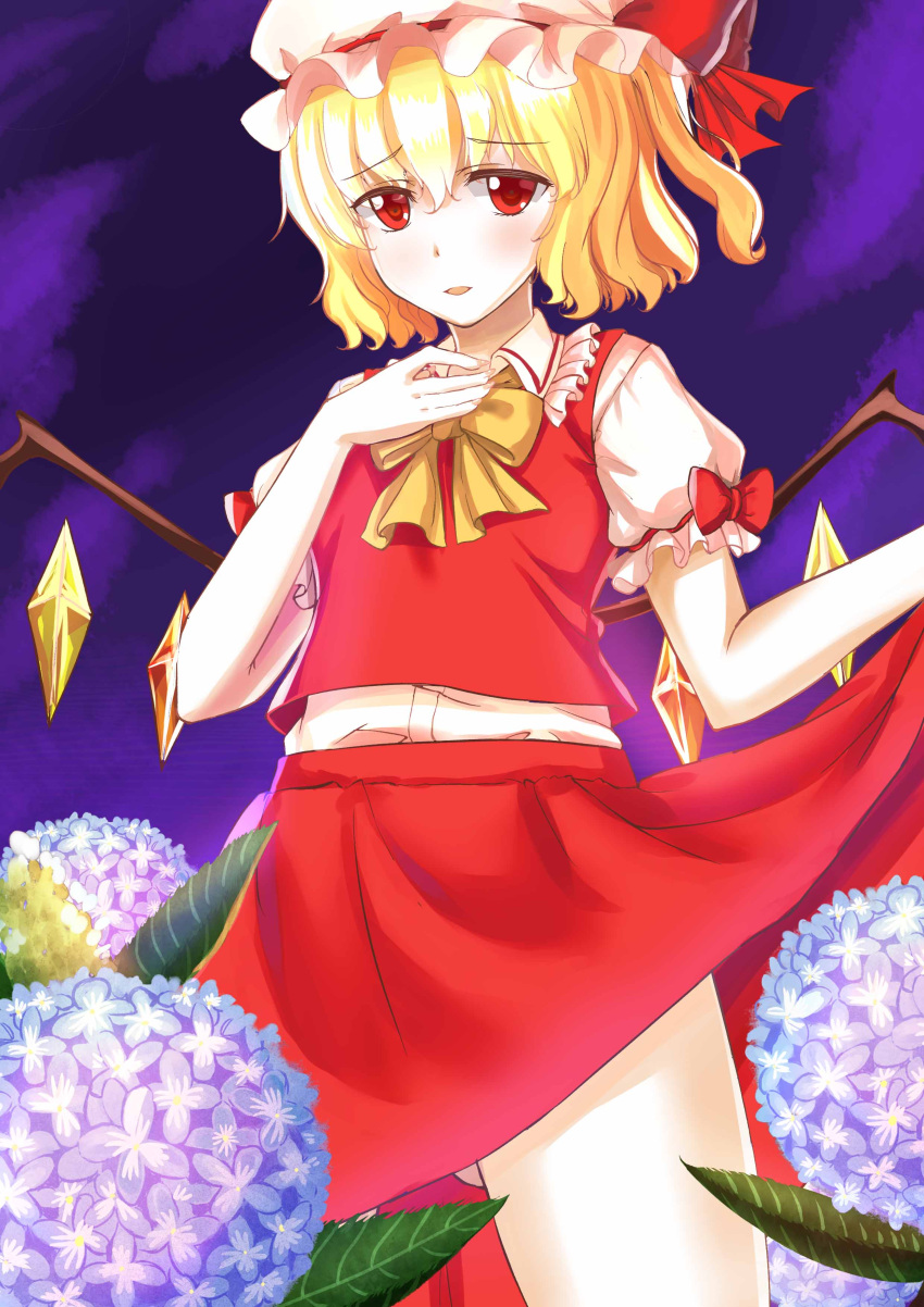 1girl absurdres blonde_hair blush crystal flandre_scarlet flower hat hat_ribbon highres hydrangea jpeg_artifacts looking_at_viewer mob_cap open_mouth puffy_sleeves red_eyes ribbon shirt short_hair short_sleeves side_ponytail skirt skirt_lift skirt_set solo touhou vest wings zhl