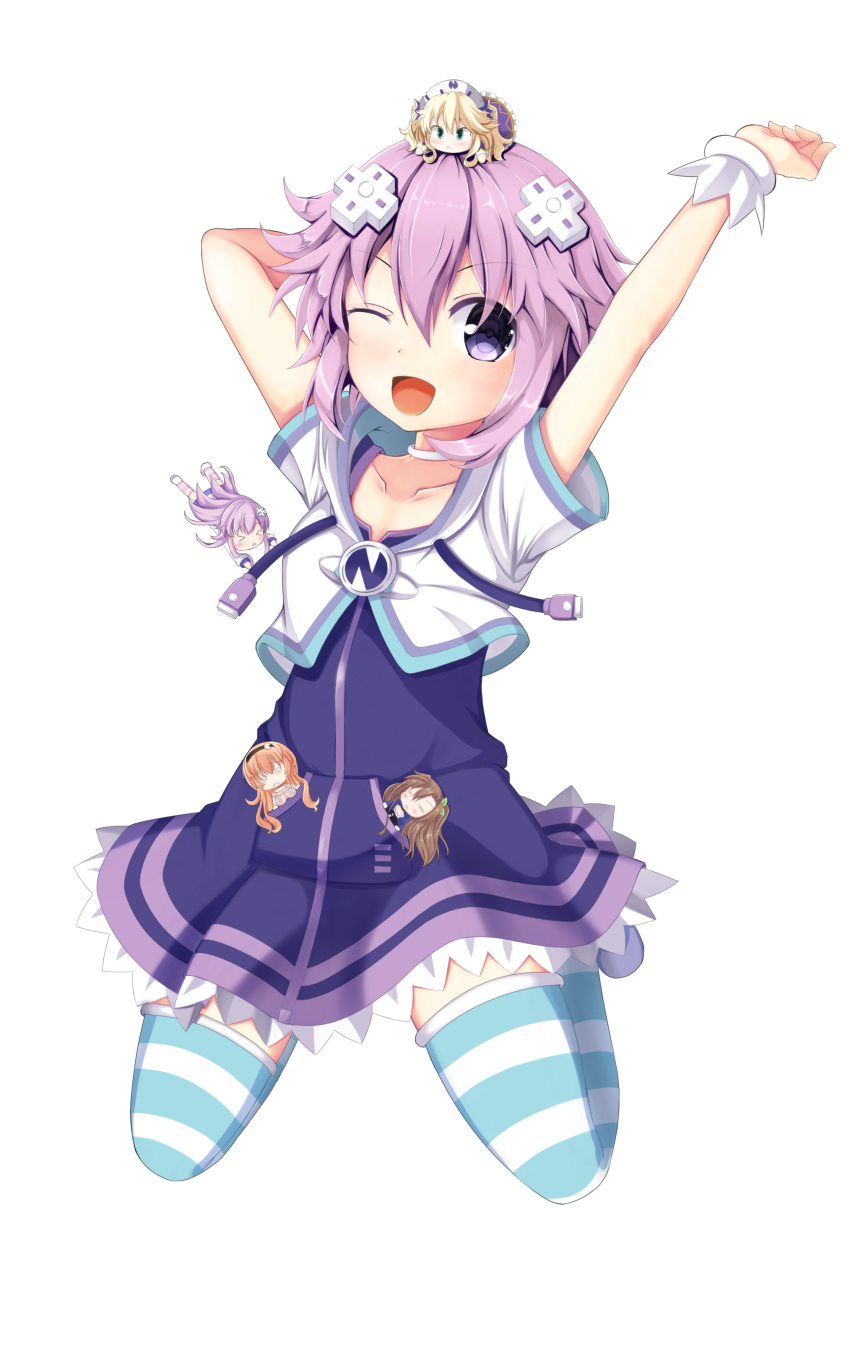 absurdres blush chibi compa d-pad doll hair_ornament highres histoire if_(choujigen_game_neptune) looking_at_viewer nepgear neptune_(choujigen_game_neptune) neptune_(series) one_eye_closed purple_hair smile stretch striped striped_legwear