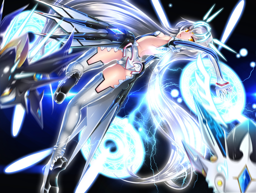 1girl backless boots breasts code:_battle_seraph_(elsword) electricity elsword eve_(elsword) expressionless leotard long_hair looking_back magic_circle mecha_musume shimo_(depthbomb) sideboob solo thigh-highs thigh_boots white_boots white_hair yellow_eyes