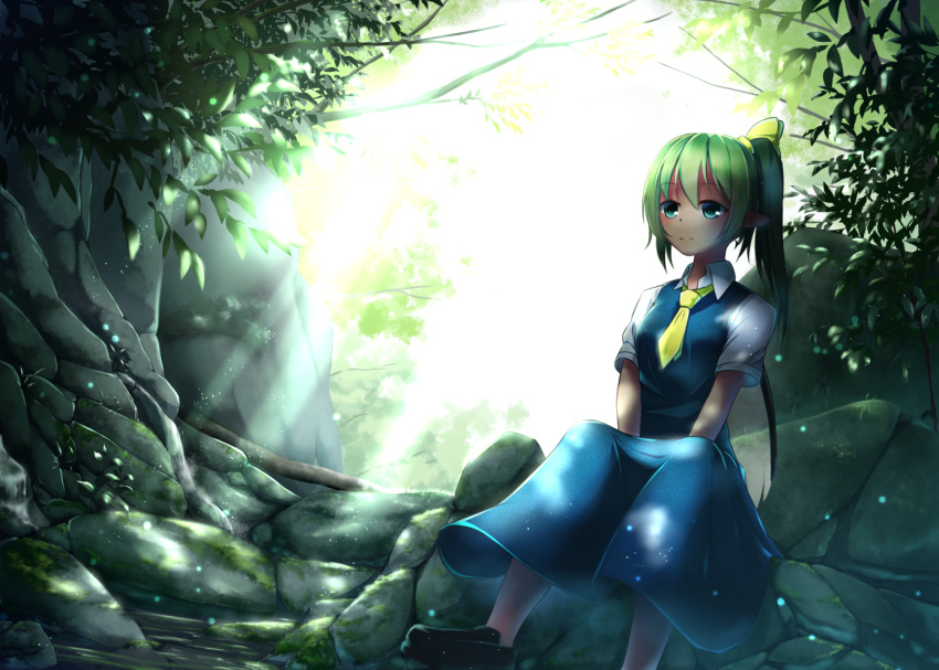 1girl bush collared_shirt daiyousei dress fairy_wings green_eyes green_hair loafers moss nature necktie peaceful plant pointy_ears pokio river rock shirt shoes side_ponytail sitting smile solo touhou tree wings