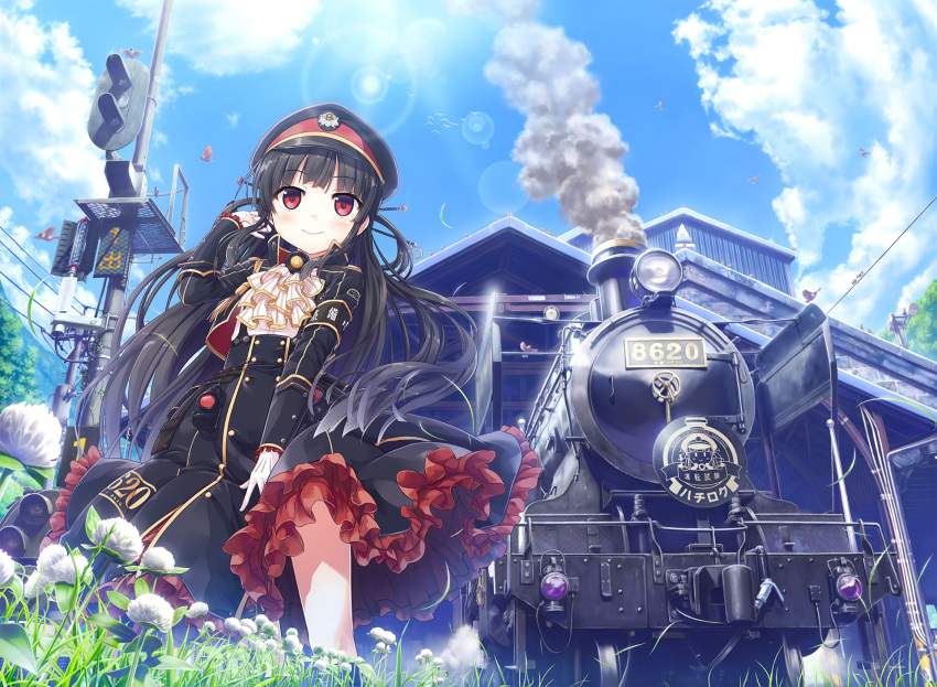 1girl bangs black_dress black_hair blue_sky blunt_bangs clouds covering covering_crotch cravat cura dress flower frilled_dress frills from_below grass hachiroku_(maitetsu) hand_in_hair hat highres lens_flare locomotive long_sleeves looking_at_viewer maitetsu outdoors peaked_cap railroad_signal red_eyes signal skirt skirt_hold sky smile smoke smokestack solo steam_locomotive sunlight train train_station wind_lift