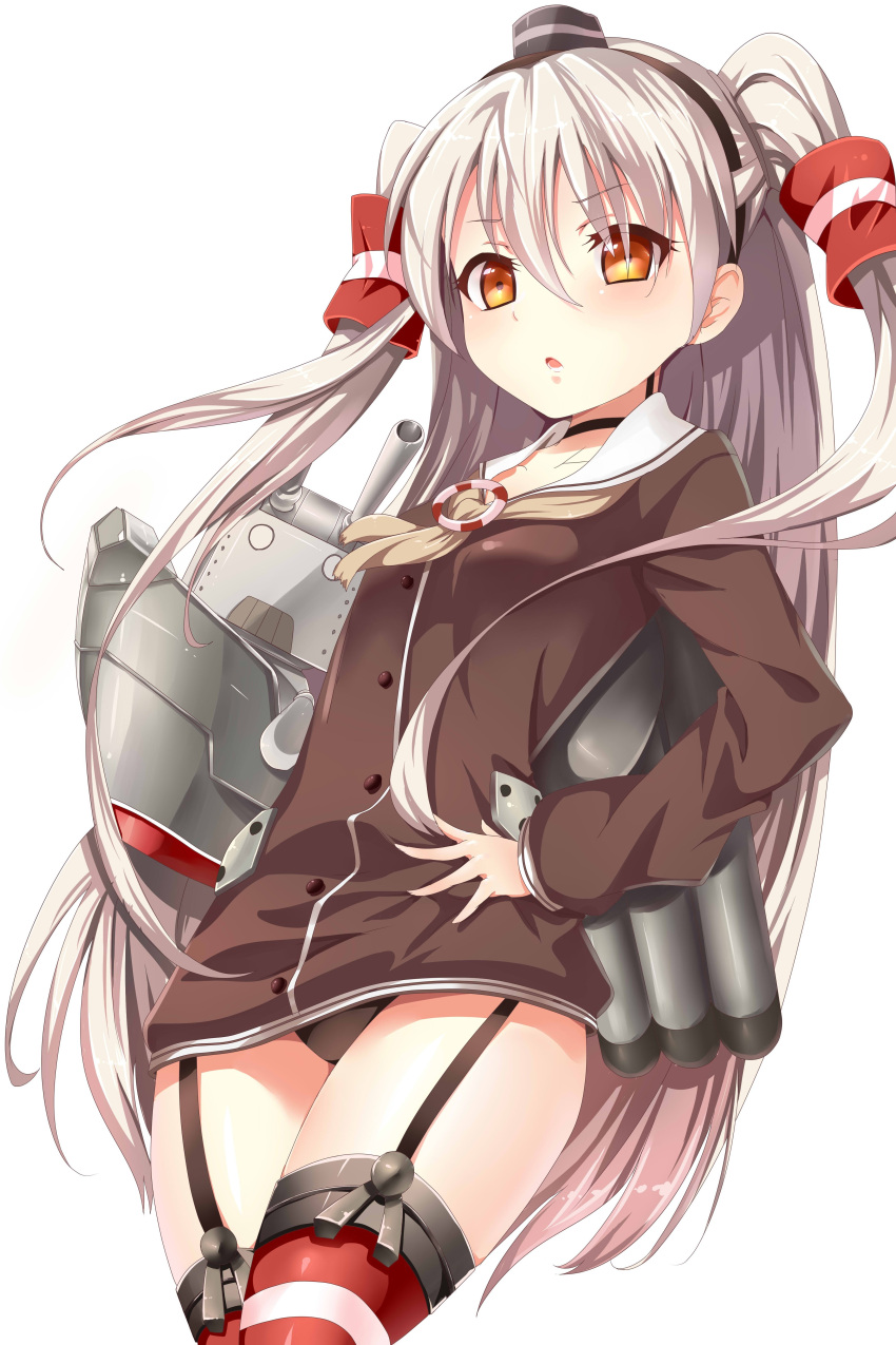 1girl absurdres amatsukaze_(kantai_collection) brown_eyes collarbone cowboy_shot dress garter_straps hair_tubes hand_on_hip highres kantai_collection long_hair looking_at_viewer mosquito_coils panties pantyshot pantyshot_(standing) rensouhou-kun sailor_dress short_dress silver_hair simple_background solo standing thigh-highs two_side_up underwear white_background