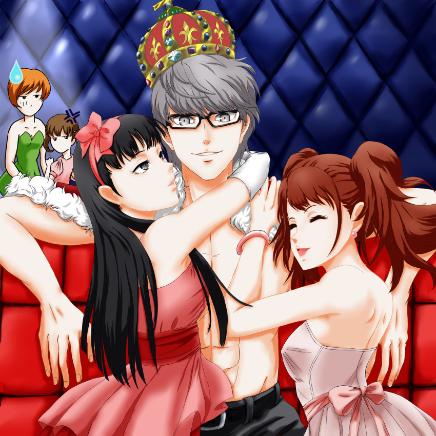 1boy 4girls absurdres amagi_yukiko atlus bare_shoulders black_eyes black_hair brown_hair closed_eyes crown doujima_nanako dress elbow_gloves girl_sandwich glasses gloves highres kujikawa_rise long_hair looking_back multiple_girls narukami_yuu open_mouth persona persona_4 pimp sandwiched satonaka_chie short_hair silver_hair sitting smile twintails