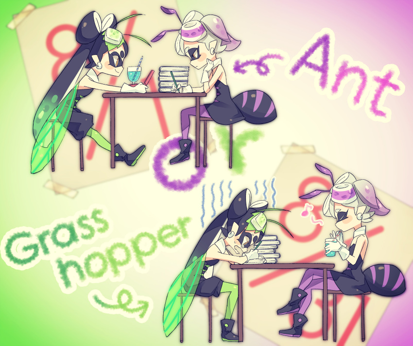 2girls ant antennae aori_(splatoon) black_dress black_hair blush_stickers boots calendar chair closed_eyes cosplay crossed_legs detached_collar dress drink drinking drinking_straw earrings english food food_on_head from_side glass grasshopper green_legwear handheld_game_console highres holding hotaru_(splatoon) jewelry long_hair mask multiple_girls musical_note object_on_head pantyhose pencil playing_games puchiman purple_legwear reading short_hair sitting smile splatoon strapless_dress studying sweatdrop table tearing_up wings