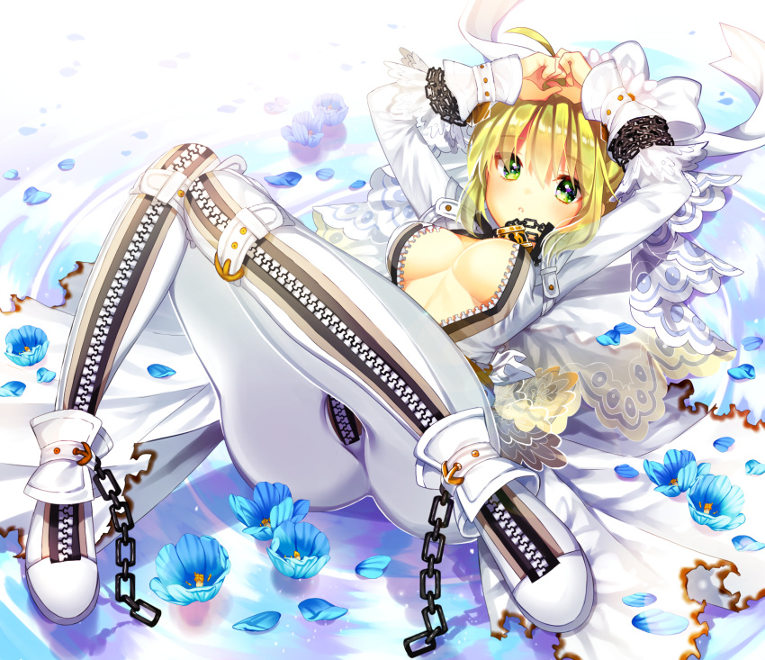 1girl ahoge arms_up bangs blonde_hair bodysuit bow breasts buckle center_opening chain cleavage cuffs dutch_angle eyes_visible_through_hair fate/extra fate/extra_ccc fate_(series) flower full_body gabe_(seelunto) green_eyes highres knees_together_feet_apart knees_up lock looking_at_viewer lying no_bra on_back padlock parted_lips petals saber_bride saber_extra short_hair solo unzipped veil zipper