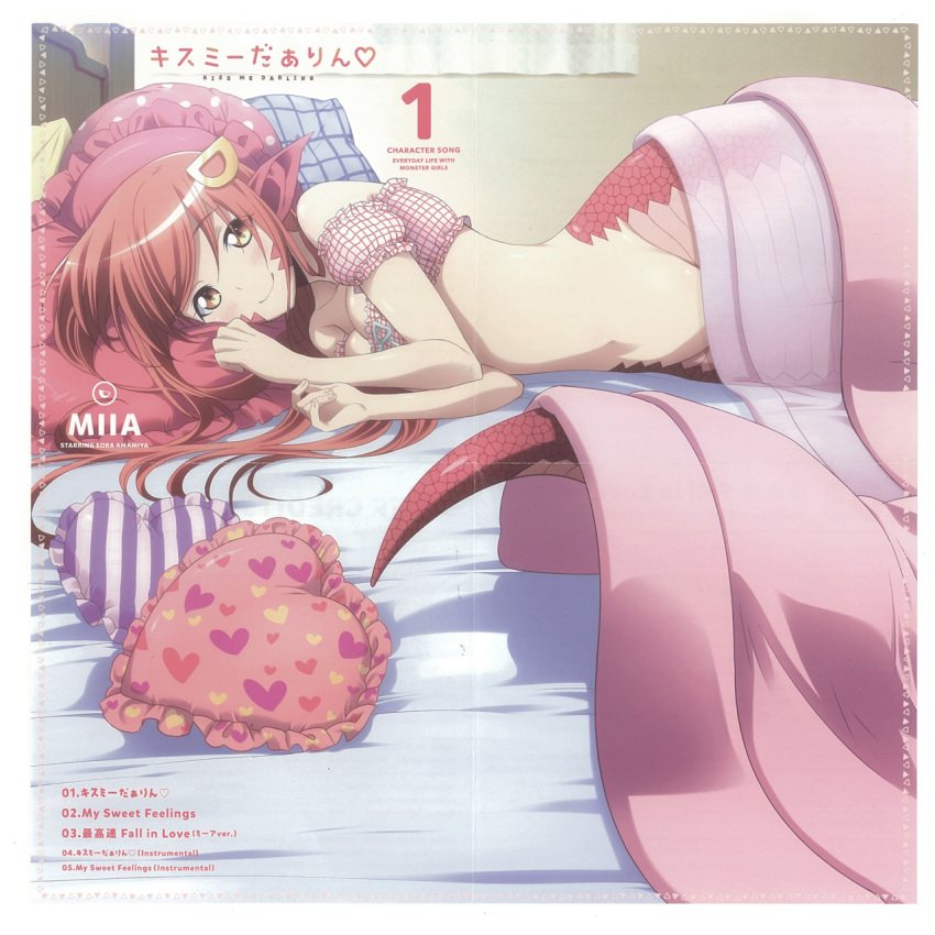 1girl album_cover bottomless breasts character_name cleavage cover crop_top hair_ornament hairclip highres lamia long_hair looking_at_viewer lying miia_(monster_musume) monster_girl monster_musume_no_iru_nichijou official_art on_bed on_side pillow pointy_ears redhead scan see-through slit_pupils smile solo under_covers yellow_eyes