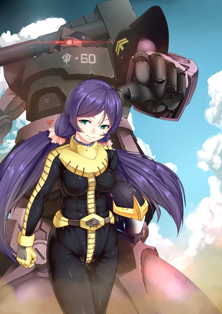 absurdres black_tri-stars breasts clouds company_connection cru dom green_eyes gundam headwear_removed helmet helmet_removed highres long_hair love_live!_school_idol_project mobile_suit_gundam purple_hair sunrise_(company) toujou_nozomi twintails