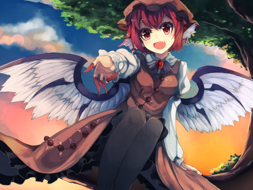1girl animal_ears bei_mochi bird_wings dress dutch_angle fang fingernails hat head_tilt highres in_tree jewelry long_fingernails long_sleeves looking_at_viewer mob_cap mystia_lorelei nail_polish open_mouth outstretched_arm pantyhose pink_hair puffy_sleeves red_eyes short_hair single_earring sitting sitting_in_tree sky smile solo touhou tree wings