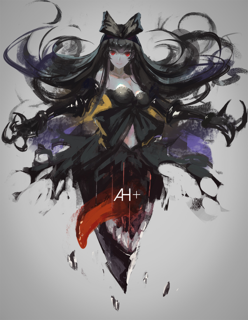1girl bangs bare_shoulders black_bow black_hair blunt_bangs bow claws grey_background hair_bow highres hkj0230 kantai_collection long_hair looking_at_viewer red_eyes seaplane_tender_hime shinkaisei-kan smile solo text tongue
