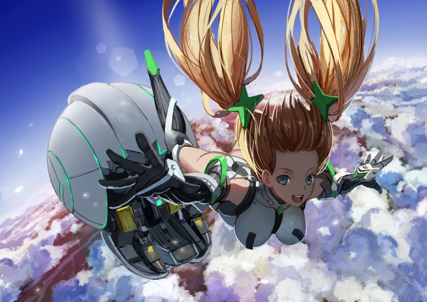 1girl :d angela_balzac ass bare_shoulders blonde_hair blue_eyes blue_sky breasts clouds cloudy_sky elbow_gloves emp_(tcrp0423) falling full_body gloves hair_ornament headgear large_breasts leotard long_hair looking_at_viewer low_twintails open_mouth outdoors outstretched_arms rakuen_tsuihou sketch sky skydive smile solo twintails very_long_hair