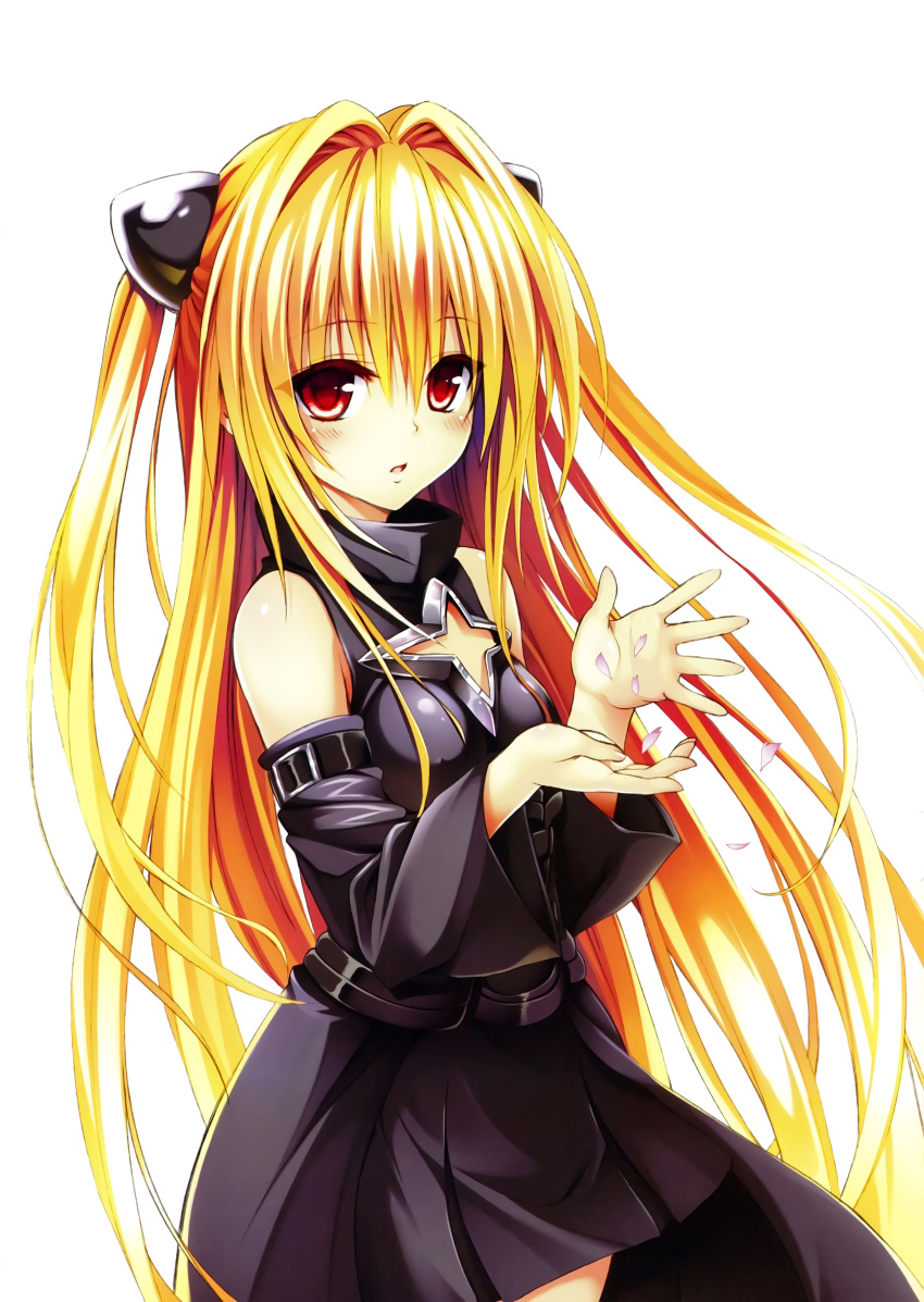 1girl absurdres bare_shoulders blonde_hair detached_sleeves hair_intakes hair_ornament highres huge_filesize konjiki_no_yami long_hair looking_at_viewer parted_lips petals red_eyes scan simple_background solo to_love-ru to_love-ru_darkness two_side_up very_long_hair white_background yabuki_kentarou