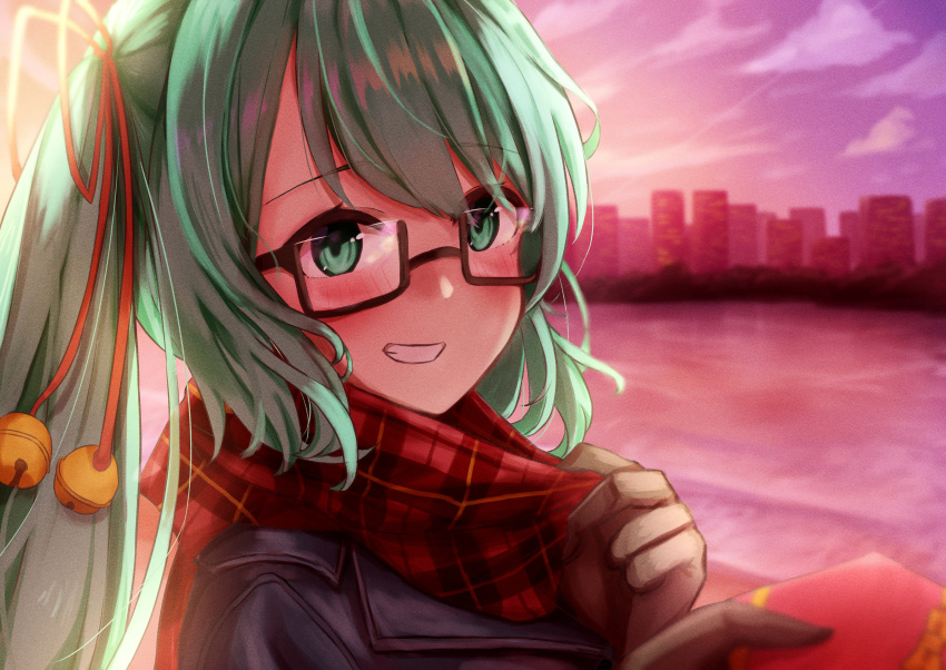 .live 1girl absurdres bell black_jacket blush brown-framed_eyewear cityscape clouds cloudy_sky commentary_request condensation_trail eyebrows_visible_through_hair glasses gloves green_eyes green_hair grin gyo_hasu hair_between_eyes hair_ribbon highres jacket kagura_suzu_(.live) lake long_hair looking_at_viewer plaid plaid_scarf purple_sky red_ribbon red_scarf ribbon scarf semi-rimless_eyewear side_ponytail sky smile solo sunlight sunset teeth under-rim_eyewear valentine virtual_youtuber