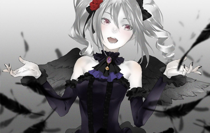 1girl :d bare_shoulders black_feathers black_nails black_wings bow detached_sleeves drill_hair feathered_wings gradient gradient_background hair_bow idolmaster idolmaster_cinderella_girls kanzaki_ranko nail_polish open_mouth pale_skin redjuice silver_hair smile solo teeth twin_drills twintails violet_eyes wings