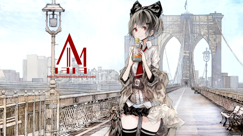 1girl akiyama_tama artist_name bangs belt black_bow black_legwear black_skirt blush bottle bow bridge brooklyn_bridge buckle city coat collared_shirt corset flag grey_hair hair_bow hair_ornament hairclip highres holding_bottle lamppost light_frown looking_away looking_to_the_side miniskirt necktie new_york off_shoulder open_clothes open_coat original outdoors park_bench photo_reference real_world_location red_eyes red_necktie scenery shirt short_hair skirt skyline sleeves_pushed_up solo standing thigh-highs watermark web_address white_shirt zettai_ryouiki