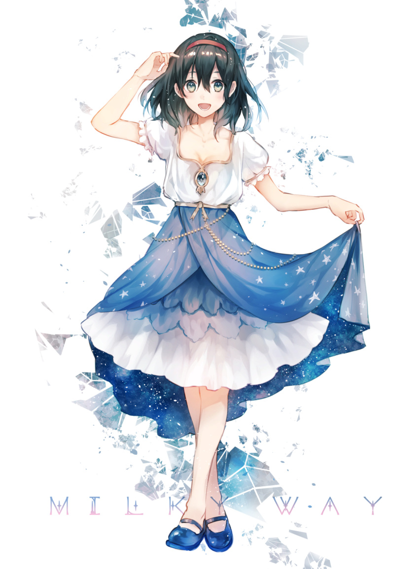 1girl black_hair dress green_eyes hairband highres jewelry long_hair mary_janes open_mouth original rakugakiii shoes short_sleeves skirt_hold smile solo white_background