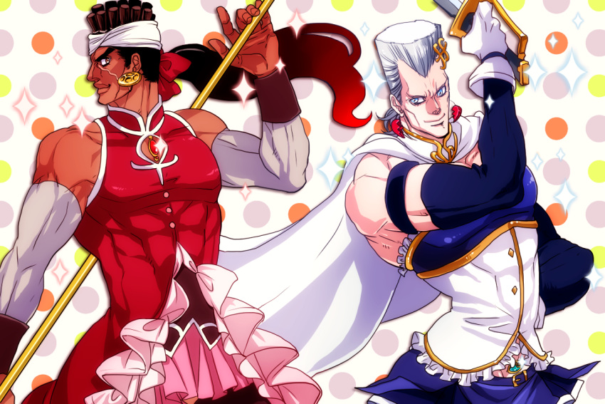 2boys belt black_hair blue_eyes broken_heart cape crossdressinging dark_skin detached_sleeves earrings hair_ornament hairclip heart heart_earrings jean_pierre_polnareff jewelry jojo_no_kimyou_na_bouken long_hair magical_boy mahou_shoujo_madoka_magica male_focus miki_sayaka_(cosplay) mohammed_avdol multiple_boys muscle polearm ponytail profile sakura_kyouko_(cosplay) skirt smile soul_gem spear sword weapon yuriko2755