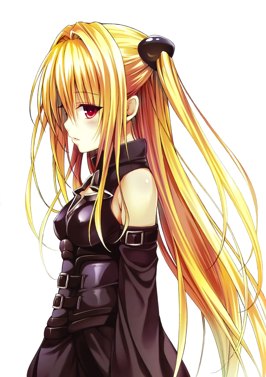 1girl absurdres bare_shoulders blonde_hair detached_sleeves hair_ornament highres konjiki_no_yami long_hair parted_lips red_eyes scan simple_background solo to_love-ru to_love-ru_darkness two_side_up very_long_hair white_background yabuki_kentarou