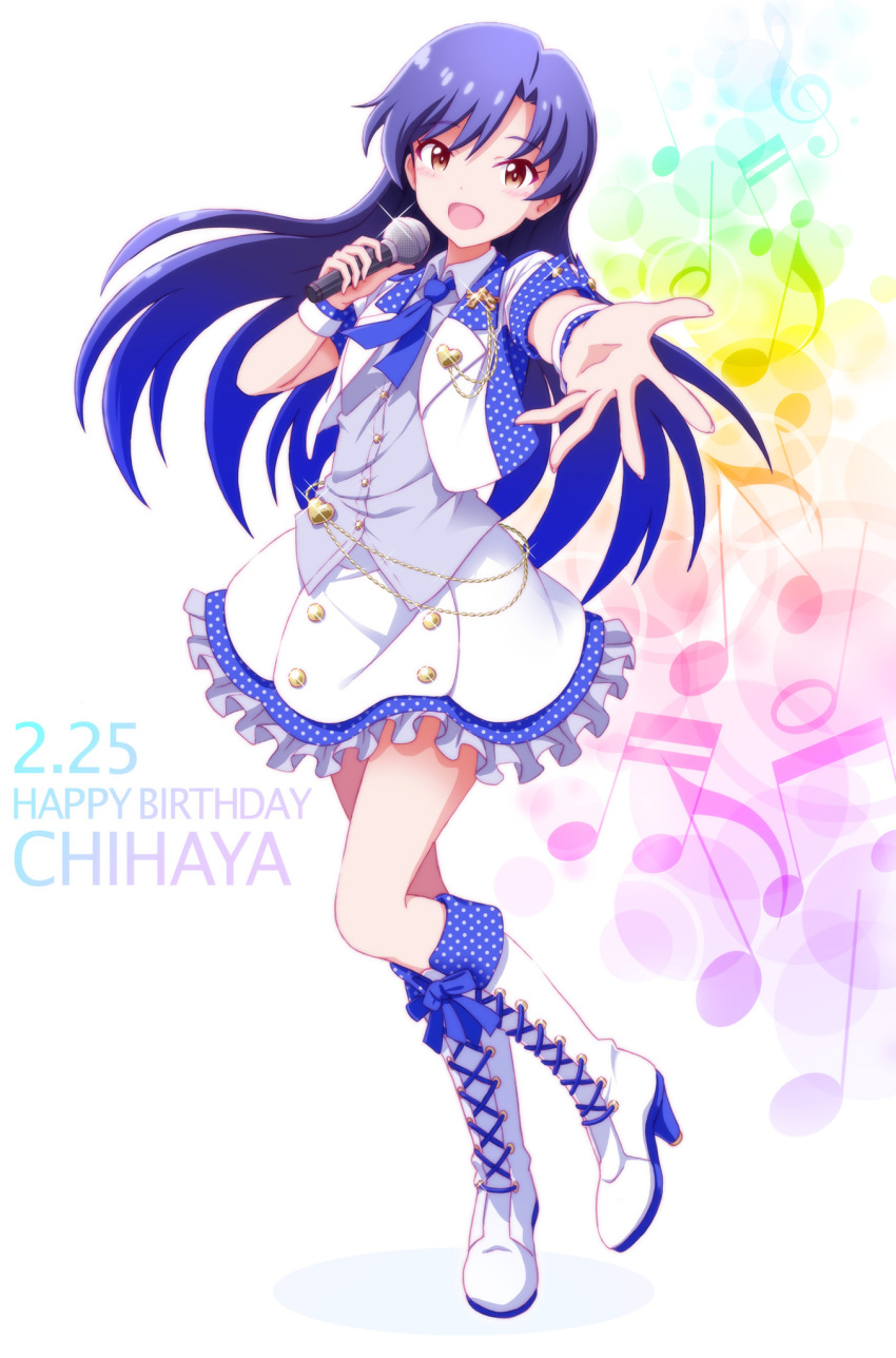 1girl blue_hair character_name happy_birthday heart highres idolmaster kisaragi_chihaya long_hair looking_at_viewer microphone musical_note open_mouth outsider_0 solo