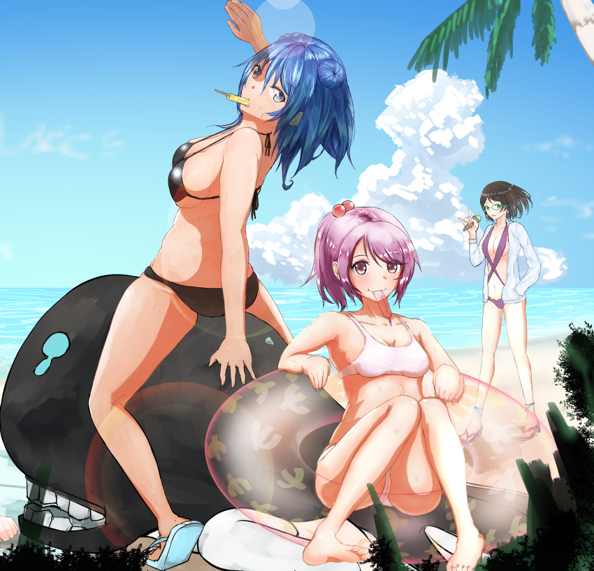 absurdres alternate_costume alternate_hairstyle arm_support beach bikini black_bikini black_hair blouse blue_eyes blue_hair breasts double_bun from_behind halterneck highres kantai_collection kirishima_(kantai_collection) long_hair looking_at_viewer midriff open_blouse open_clothes pink_hair ponytail popsicle revealing_clothes sazanami_(kantai_collection) short_hair short_ponytail sitting sling_bikini swimsuit thighs tongue urakaze_(kantai_collection)