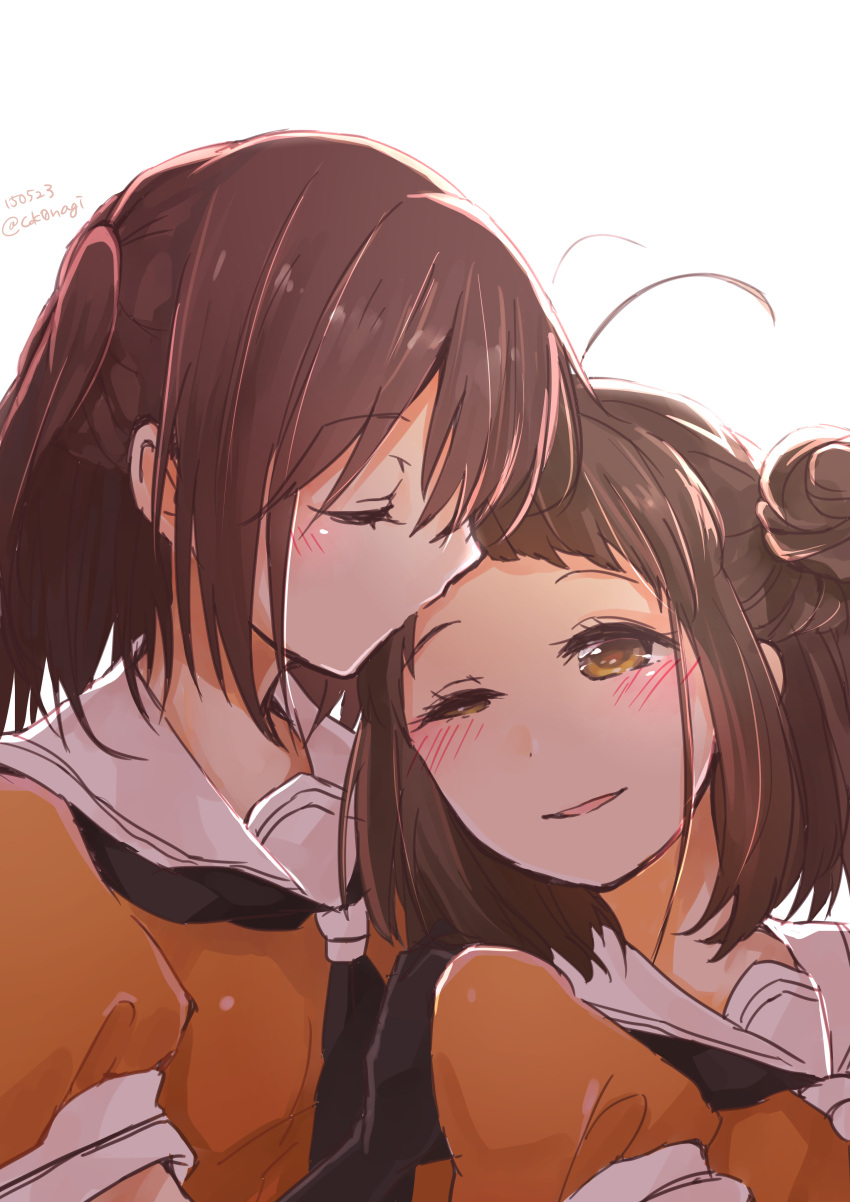 2girls absurdres ahoge blush brown_eyes brown_hair character_request dated forehead_kiss highres kantai_collection kiss multiple_girls nagihashi_koko twitter_username