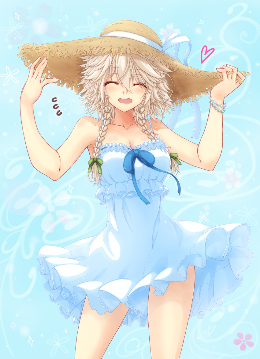 1girl alternate_costume bare_arms bare_shoulders bracelet braid breasts cleavage closed_eyes collarbone contrapposto dress flying_sweatdrops hat hat_ribbon highres izayoi_sakuya jewelry long_hair mickey_dunn open_mouth ribbon silver_hair sleeveless sleeveless_dress smile solo straw_hat sundress thighs touhou twin_braids white_dress