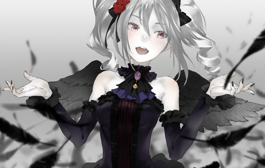 1girl :d bare_shoulders black_feathers black_nails black_wings bow detached_sleeves drill_hair feathered_wings gradient gradient_background hair_bow idolmaster idolmaster_cinderella_girls kanzaki_ranko nail_polish open_mouth pale_skin redjuice silver_hair smile solo teeth twin_drills twintails violet_eyes wings
