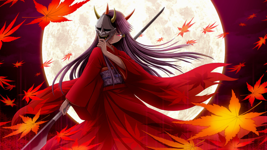 1girl full_moon highres hinomoto_oniko horns japanese_clothes kimono leaf long_hair looking_at_viewer moon oni_mask original outsider_0 polearm purple_hair red_eyes solo weapon