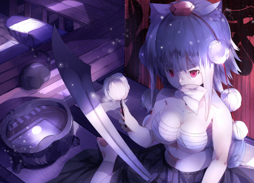 1girl animal_ears bare_arms bare_shoulders barefoot breasts cat cleavage full_moon hat hat_ribbon impossible_clothes impossible_underwear inubashiri_momiji light_particles moon moonlight mouth_hold night omo_(utakatadice) pink_eyes pom_pom_(clothes) reflection ribbon ripples sarashi silver_hair sitting skirt solo sword tail tatami tokin_hat touhou wariza water weapon wolf_ears wolf_tail