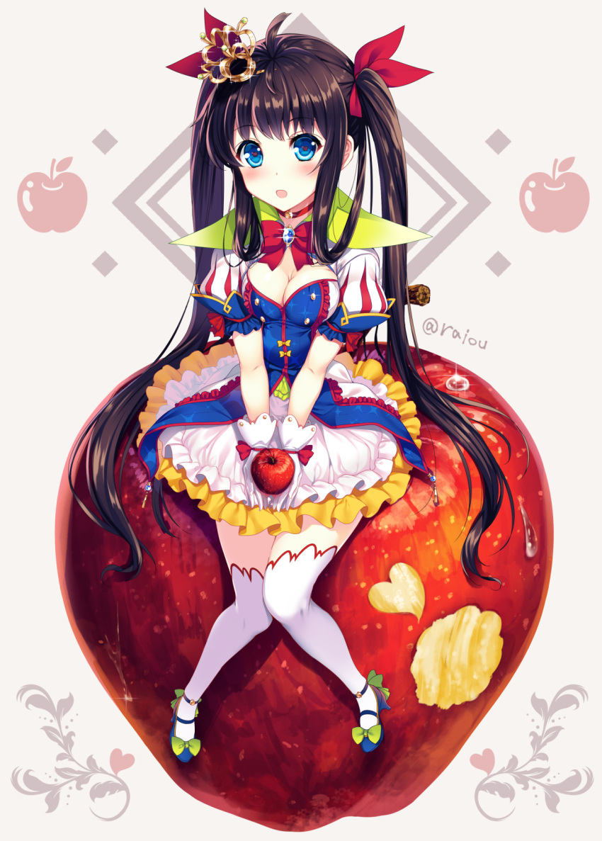 1girl apple black_hair bow breasts brooch cleavage crown food fruit gloves hair_ribbon high_heels highres jewelry knees_together_feet_apart long_hair looking_at_viewer mini_crown open_mouth original oversized_object puff_and_slash_sleeves puffy_short_sleeves puffy_sleeves raiou ribbon shirt short_sleeves sitting skirt snow_white solo thigh-highs twintails v_arms very_long_hair white_gloves white_legwear zettai_ryouiki
