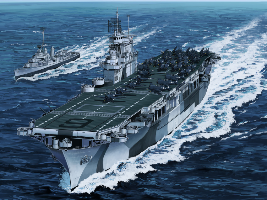 absurdres aircraft_carrier artist_request curtiss_sb2c_helldiver destroyer grumman_f6f grumman_tbf_avenger highres no_humans ocean original ship uss_enterprise_(cv-6) uss_yarnall_(dd-541) warship world_war_ii