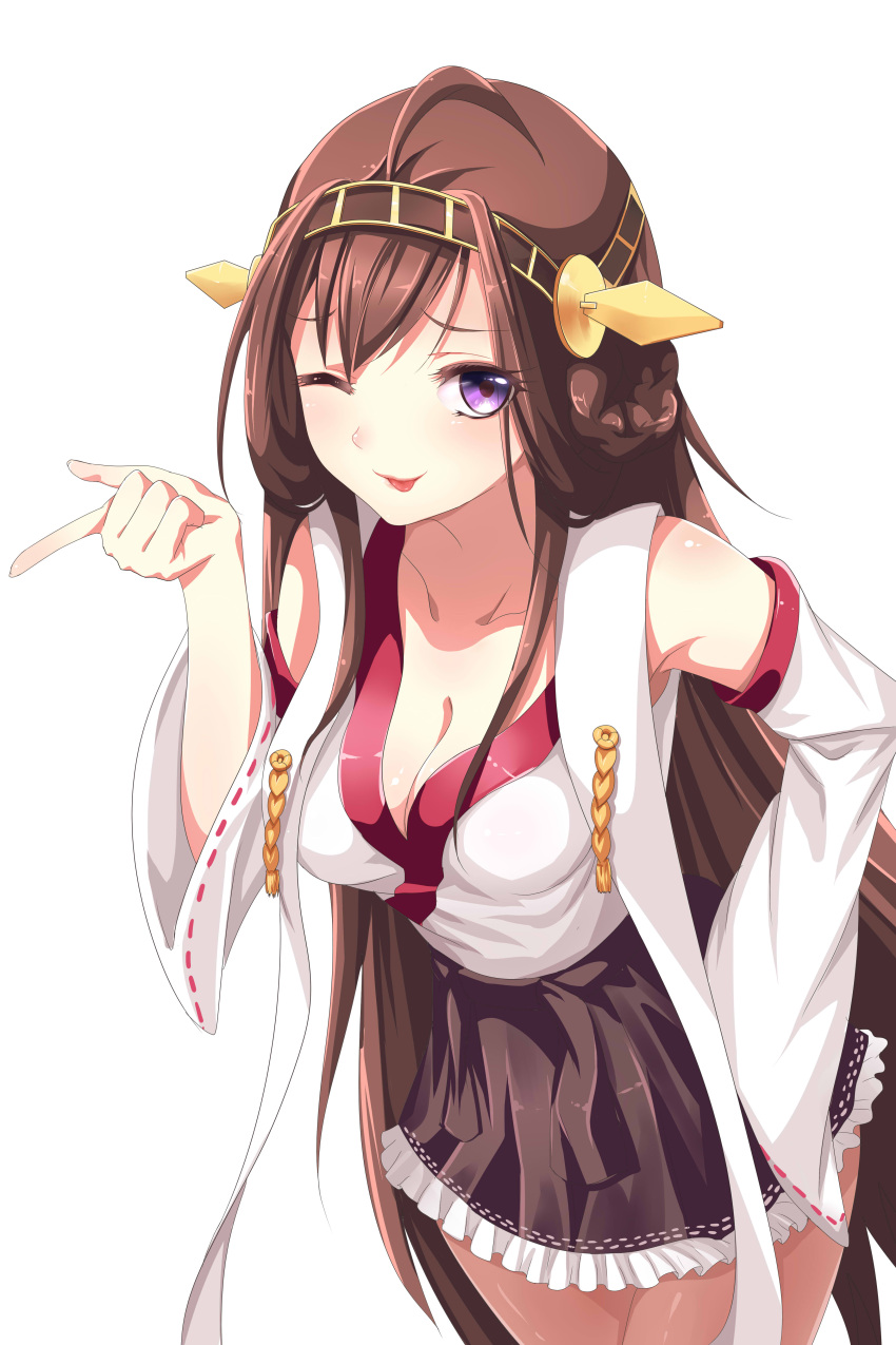 1girl ;p absurdres ahoge bare_shoulders brown_hair collarbone cowboy_shot detached_sleeves double_bun frilled_skirt frills hairband hand_on_hip headgear highres kantai_collection kongou_(kantai_collection) leaning_forward long_hair looking_at_viewer mosquito_coils nontraditional_miko one_eye_closed pointing simple_background skirt smile solo tongue tongue_out violet_eyes white_background