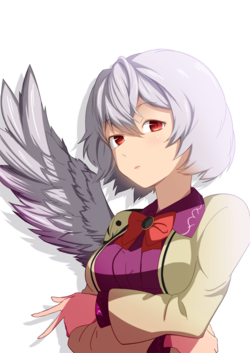 1girl dress highres kishin_sagume long_sleeves looking_at_viewer purple_dress red_eyes shiver_(siva-hl) short_hair silver_hair simple_background single_wing solo touhou upper_body v vest white_background wings