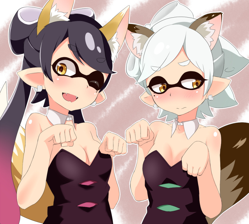 +_+ 2girls ;d animal_ears aori_(splatoon) bangs bare_shoulders black_hair blush bow breasts cleavage detached_collar dog_ears dog_tail dress eyebrows fang fox_ears fox_tail hair_bow hotaru_(splatoon) long_hair looking_at_viewer looking_away mask mole mole_under_eye multiple_girls one_eye_closed open_mouth paw_pose short_hair silver_hair smile splatoon strapless_dress swept_bangs tail uni_mmtab upper_body