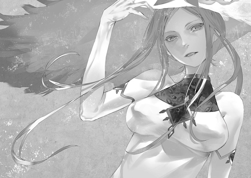 1girl android breasts elbow_gloves gloves hadaly_(shisha_no_teikoku) hat highres long_hair looking_at_viewer monochrome parted_lips redjuice shisha_no_teikoku smile solo