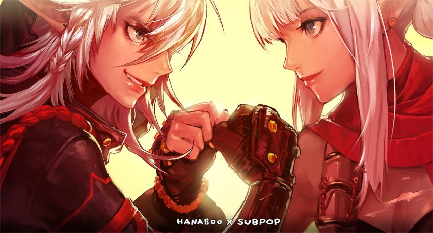2girls bangs blue_eyes blunt_bangs braid breasts cleavage dark_skin dungeon_and_fighter earrings fingerless_gloves gloves grin hanaboo highres jewelry multiple_girls pinky_swear pointy_ears side_ponytail smile teeth thief_(dungeon_and_fighter) white_hair