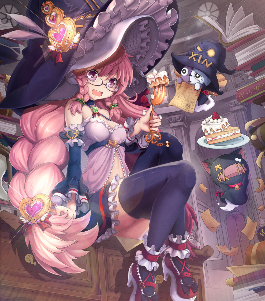 1girl artist_request book bookmark braid breasts cake cleavage food fork frills fruit ghost glasses high_heels highres long_hair navel original pink_hair smile solo sora_(dkssud6580) strawberry thigh-highs witch