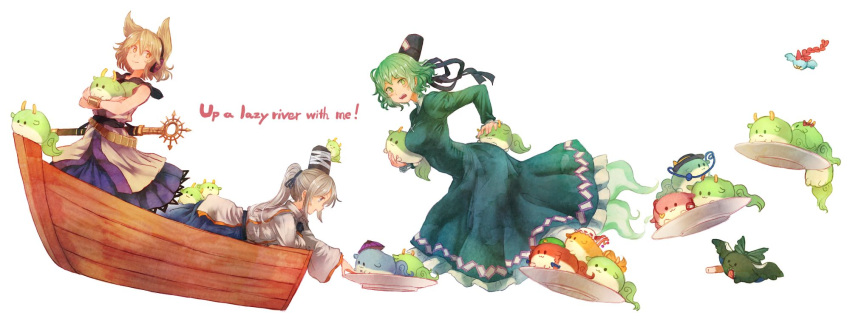 3girls :3 arm_cannon blonde_hair blue_ribbon boat bow braid commentary_request dress earmuffs english flandre_scarlet ghost_tail green_bow green_dress green_eyes green_hair hair_bow hair_ribbon hat hat_bow hat_ribbon heart highres hong_meiling horns japanese_clothes kaenbyou_rin kariginu komeiji_koishi komeiji_satori long_hair long_sleeves mob_cap mononobe_no_futo multiple_girls plate pointy_hair ponytail purple_skirt red_ribbon reiuji_utsuho ribbon ritual_baton shirt silver_hair simple_background single_braid skirt sleeveless sleeveless_shirt smile soga_no_tojiko star sukusuku_hakutaku tatara_kogasa tate_eboshi terajin third_eye touhou toyosatomimi_no_miko very_long_hair watercraft weapon white_background wrist_cuffs yellow_bow