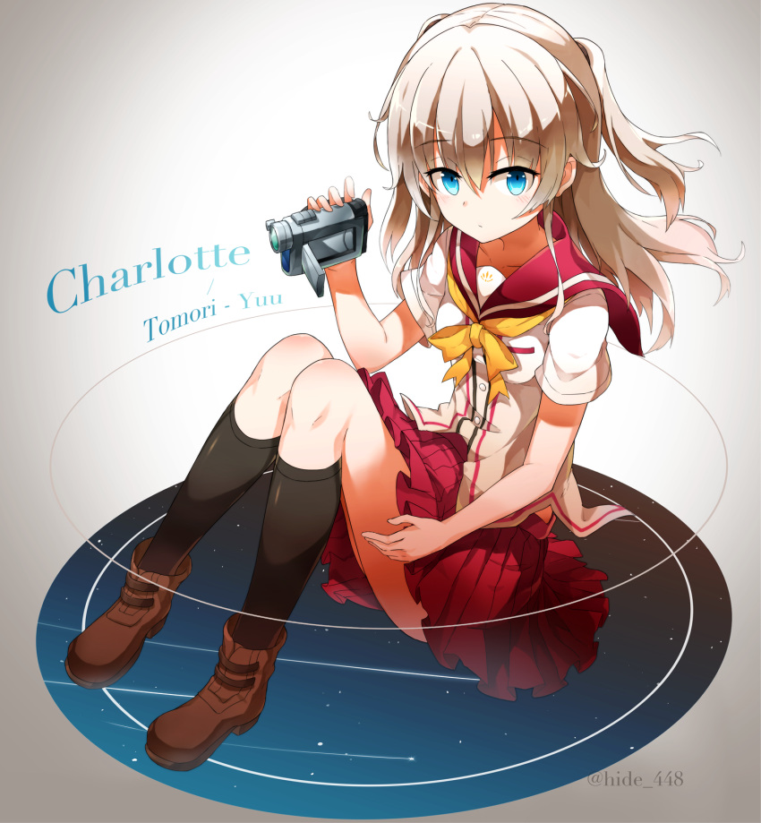 1girl blue_eyes camcorder charlotte_(anime) hide448 highres long_hair school_uniform serafuku silver_hair skirt solo tomori_nao twintails two_side_up