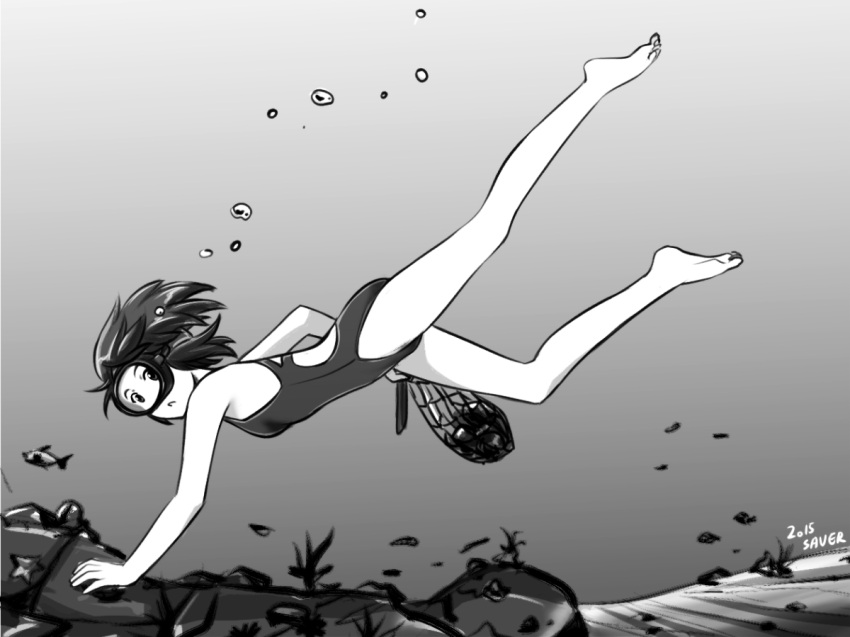 1girl :&lt; air_bubble bare_legs barefoot breath bubble coral diving diving_mask fish freediving holding_breath monochrome net one-piece_swimsuit original saver_(artbysaver) short_hair sketch swimming swimsuit underwater