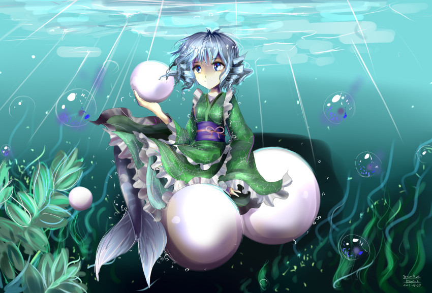 1girl blue_eyes dress drill_hair green_dress head_fins highres japanese_clothes mermaid monster_girl pearl solo stormplush touhou wakasagihime water wide_sleeves