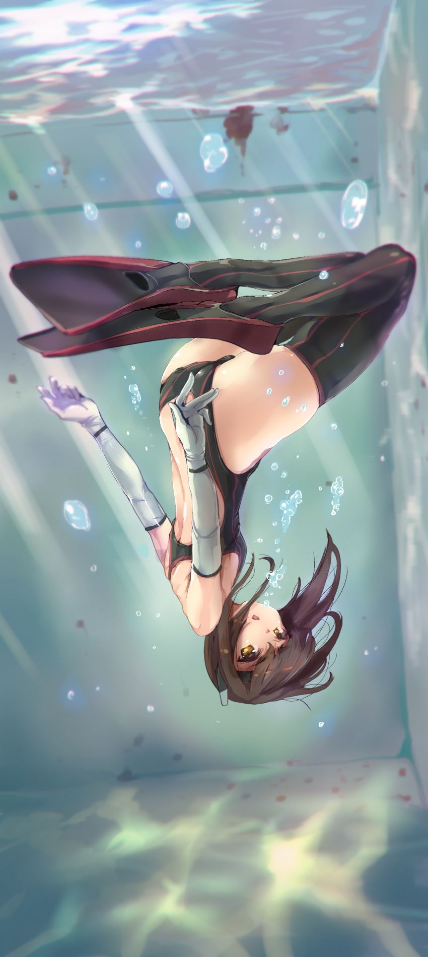 1girl absurdres air_bubble armadillo-tokage ass black_legwear breath brown_eyes brown_hair bubble bubble_blowing competition_swimsuit diving elbow_gloves flat_chest flippers freediving gloves headgear highres holding_breath kantai_collection one-piece_swimsuit pool short_hair solo swimming swimsuit taihou_(kantai_collection) thigh-highs underwater underwear upside-down water white_gloves